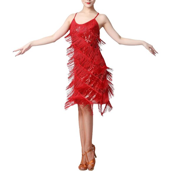 Women Salsa Latin Dance Dress Sequin Tassel Fringe Flapper Dress 1920s Gatsby Co - Picture 2 of 6
